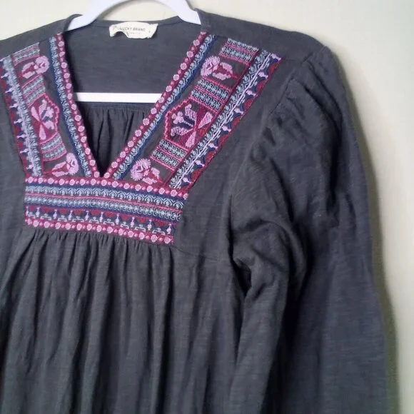 Lucky Brand Blouse Women S Long Sleeve Embroidery Boho Gray Pink - Picture 6 of 12